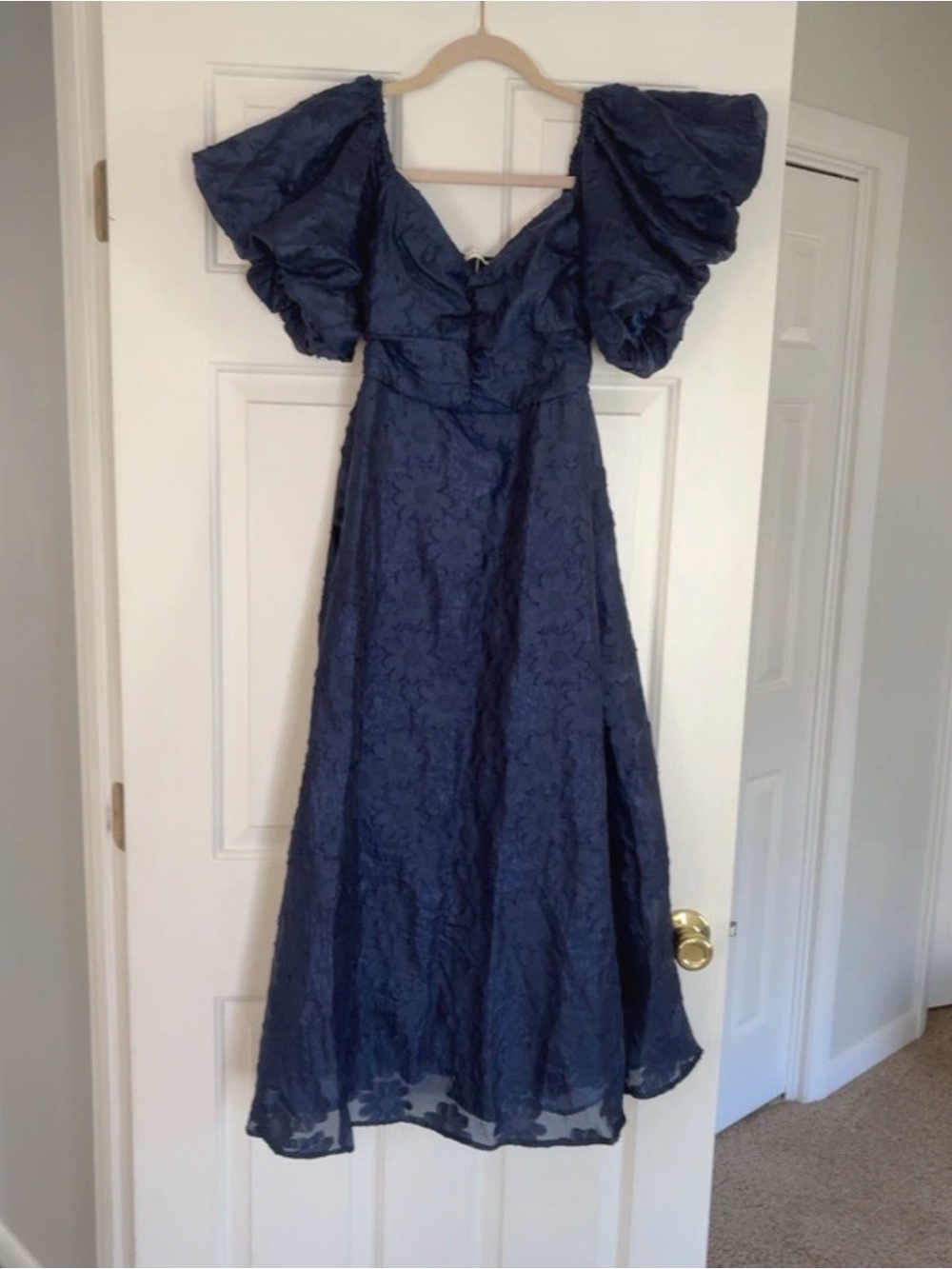 Navy Puff-Sleeve Floral Midi Dress